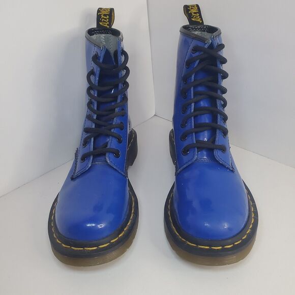 NEW Dr. MARTENS 1460 BLUE Patent Leather Lace-Up COMBAT Boot Women Sz 5 MSRP$160 - Picture 1 of 12